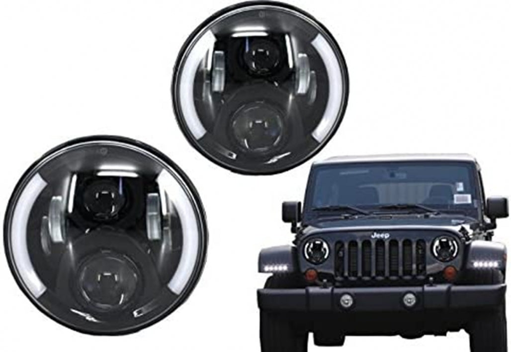 7 Inch CREE LED Headlights Half Halo Black for Jeep Wrangler JK (2007–2017) Mercedes G-Class W463 (1989–2017) Land Rover Defender