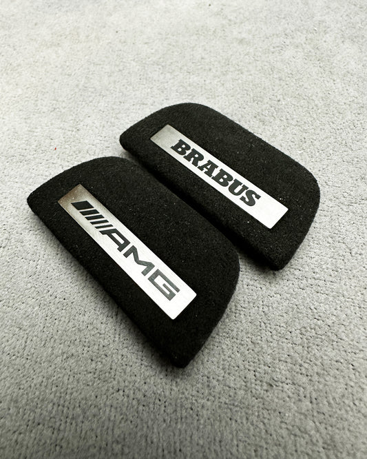 Close-up of AMG Black Leather Steering Wheel Emblem with Metal Badge for Mercedes