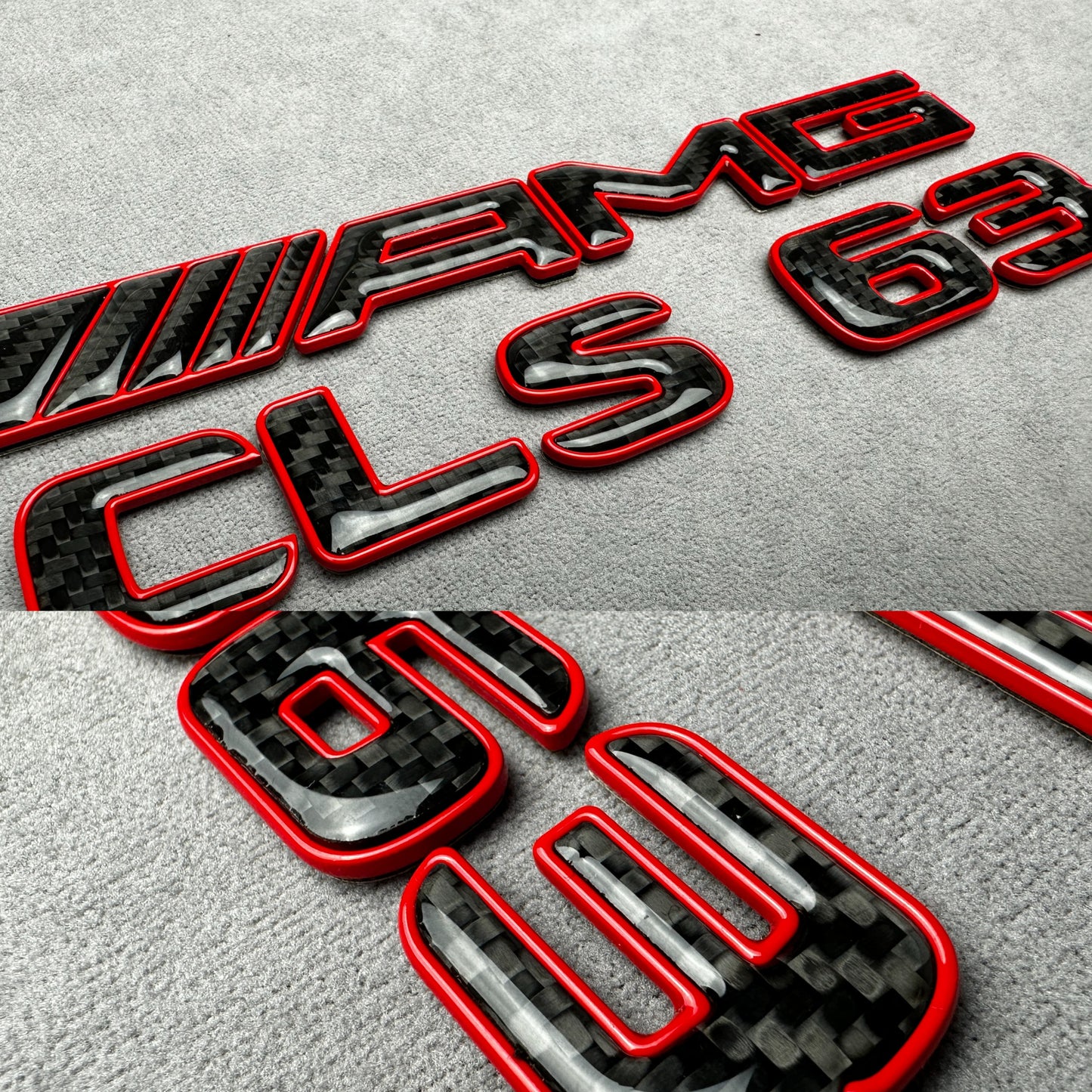 AMG CLS 63 red metal with carbon emblem badge for Mercedes, for rear trunk upgrade