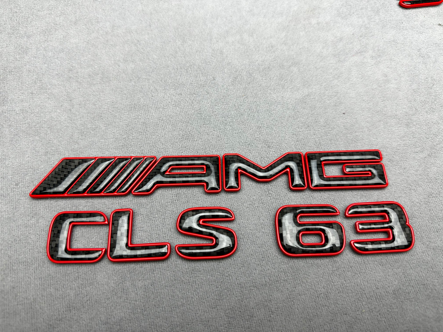 AMG CLS 63 red metal with carbon emblem badge for Mercedes, for rear trunk upgrade