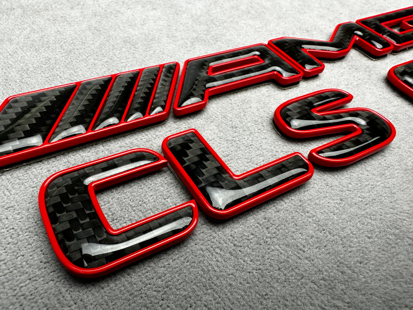 AMG CLS 63 red metal with carbon emblem badge for Mercedes, for rear trunk upgrade