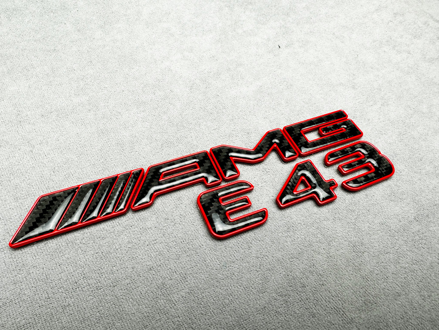 AMG E 43 red metal with carbon emblem badge for Mercedes E-Class trunk, premium quality, easy installation