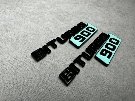Biturbo 900 black Tiffany Blue side badges for Mercedes, premium metallic finish with adhesive backing