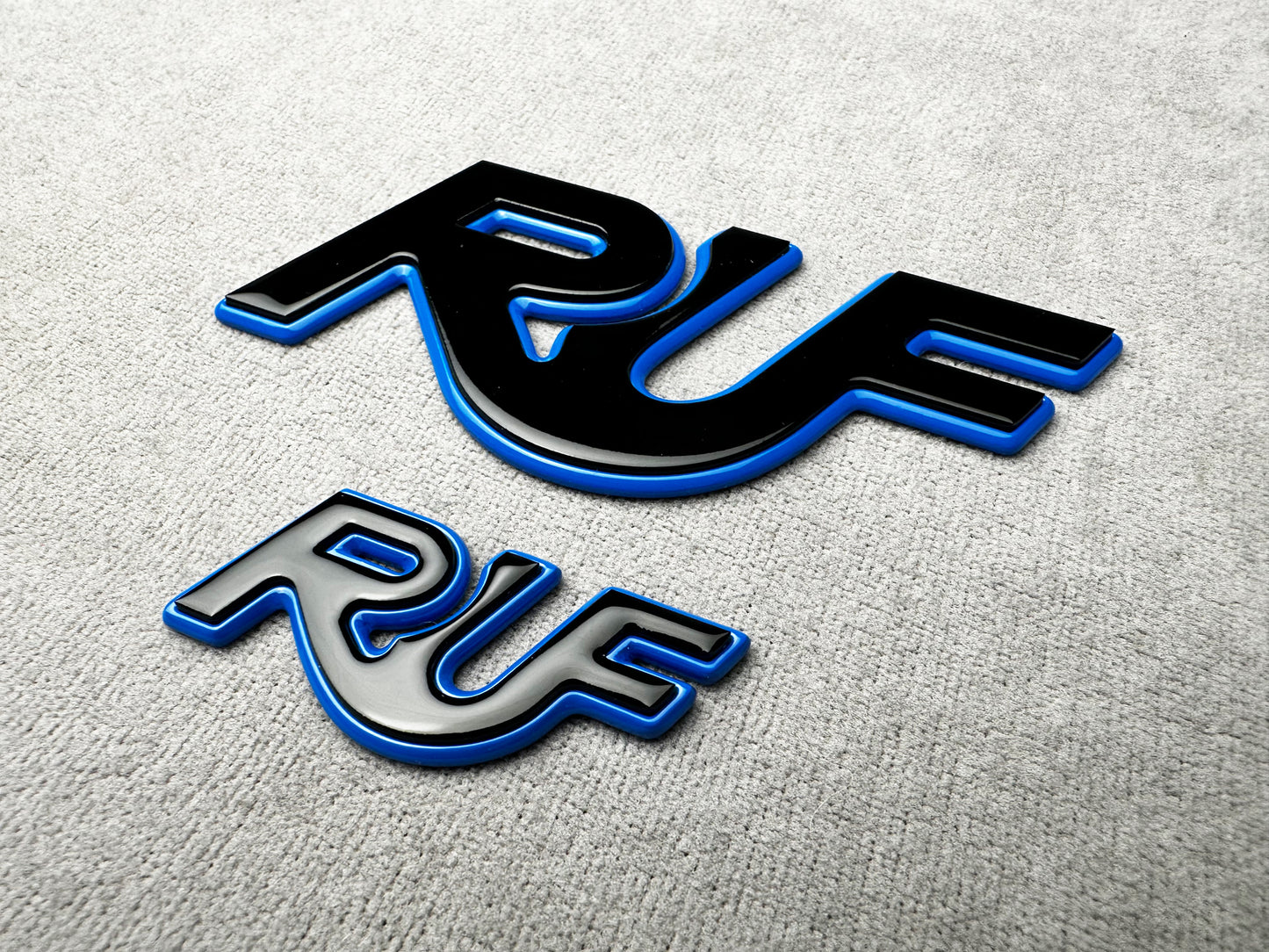 High-quality RUF badge in sleek black with blue finish for Porsche 911