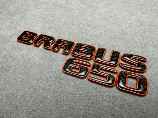 Brabus 650 emblem badge rear trunk 2-component red metallic with genuine carbon for Mercedes, premium design, easy installation.