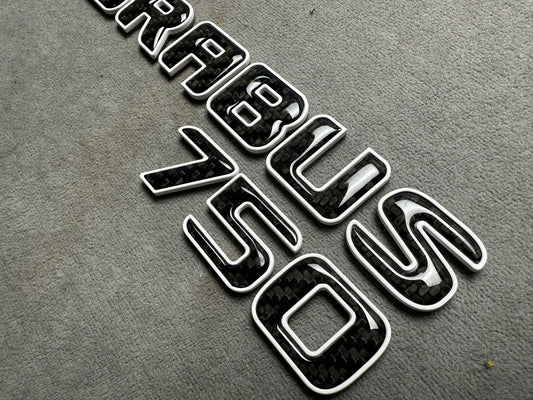 Brabus 750 white metallic emblem badge with carbon accents for AMG Mercedes SL 63 trunk, premium quality and easy installation