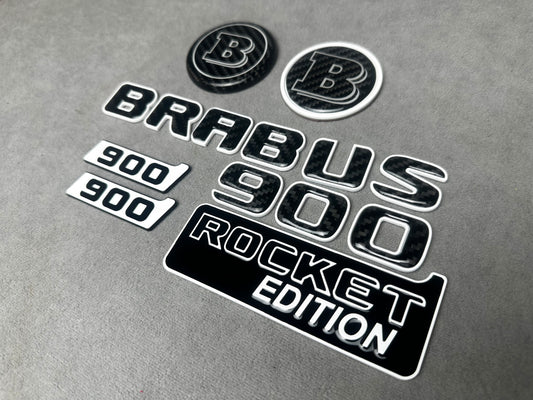 Brabus 900 Rocket Edition White Metal and Carbon Emblem Set for Mercedes W463A – Full set of badges featuring premium white metal and carbon fiber accents