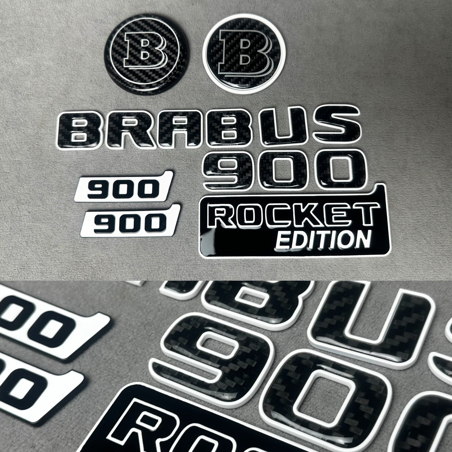 Brabus 900 Rocket Edition White Metal and Carbon Emblem Set for Mercedes W463A – Full set of badges featuring premium white metal and carbon fiber accents