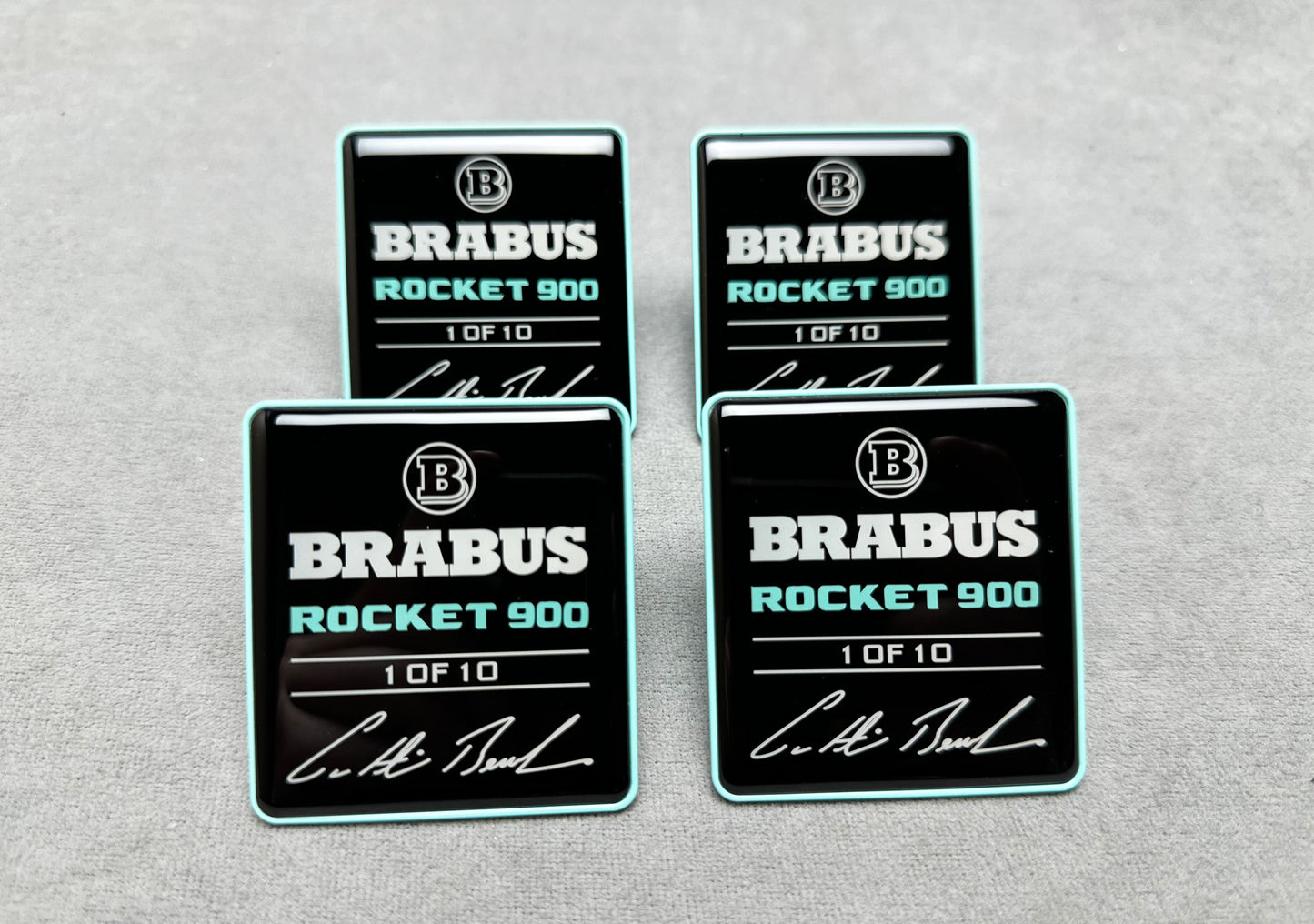 Set of 4 Brabus Rocket 900 seat emblems for a luxury Mercedes interior upgrade