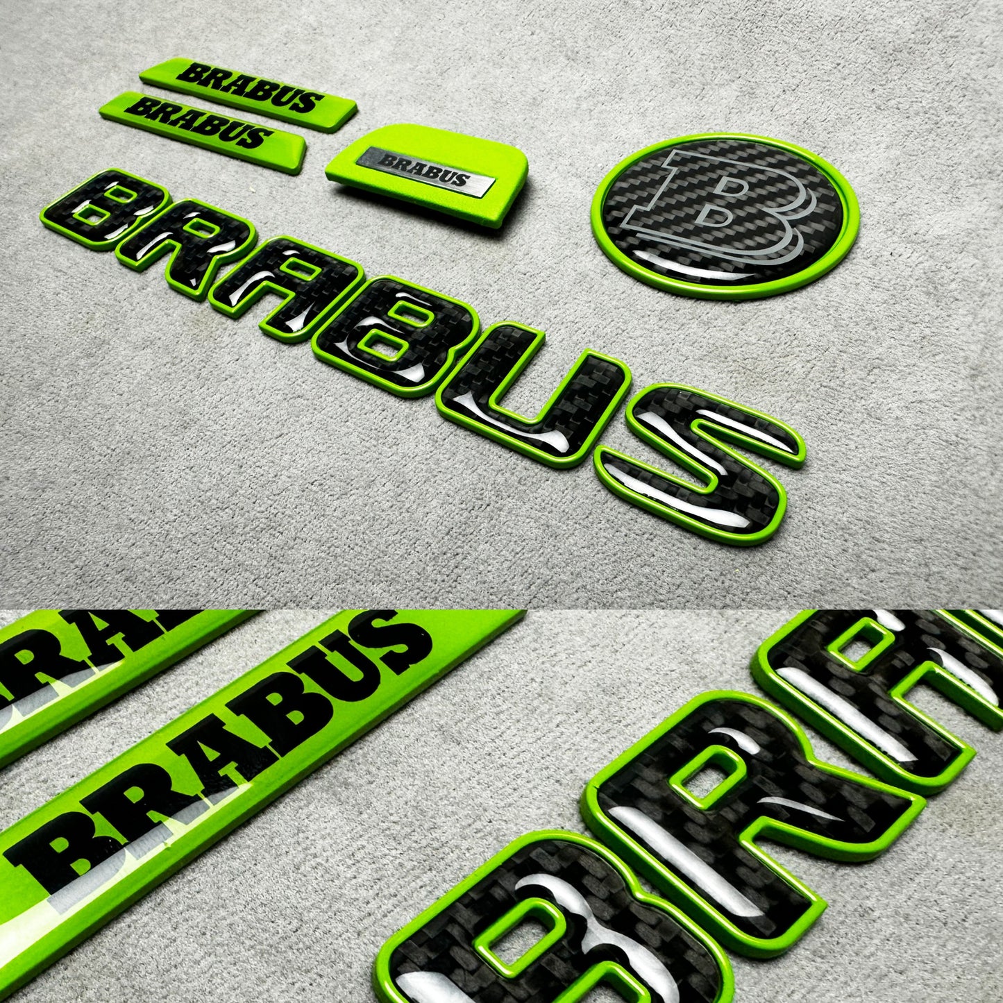Brabus green emblem badge set with carbon fiber accents for Mercedes W463A, exterior, premium quality