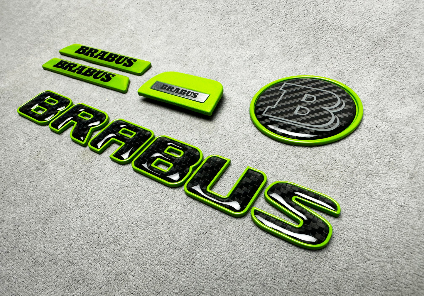Brabus green emblem badge set with carbon fiber accents for Mercedes W463A, exterior, premium quality