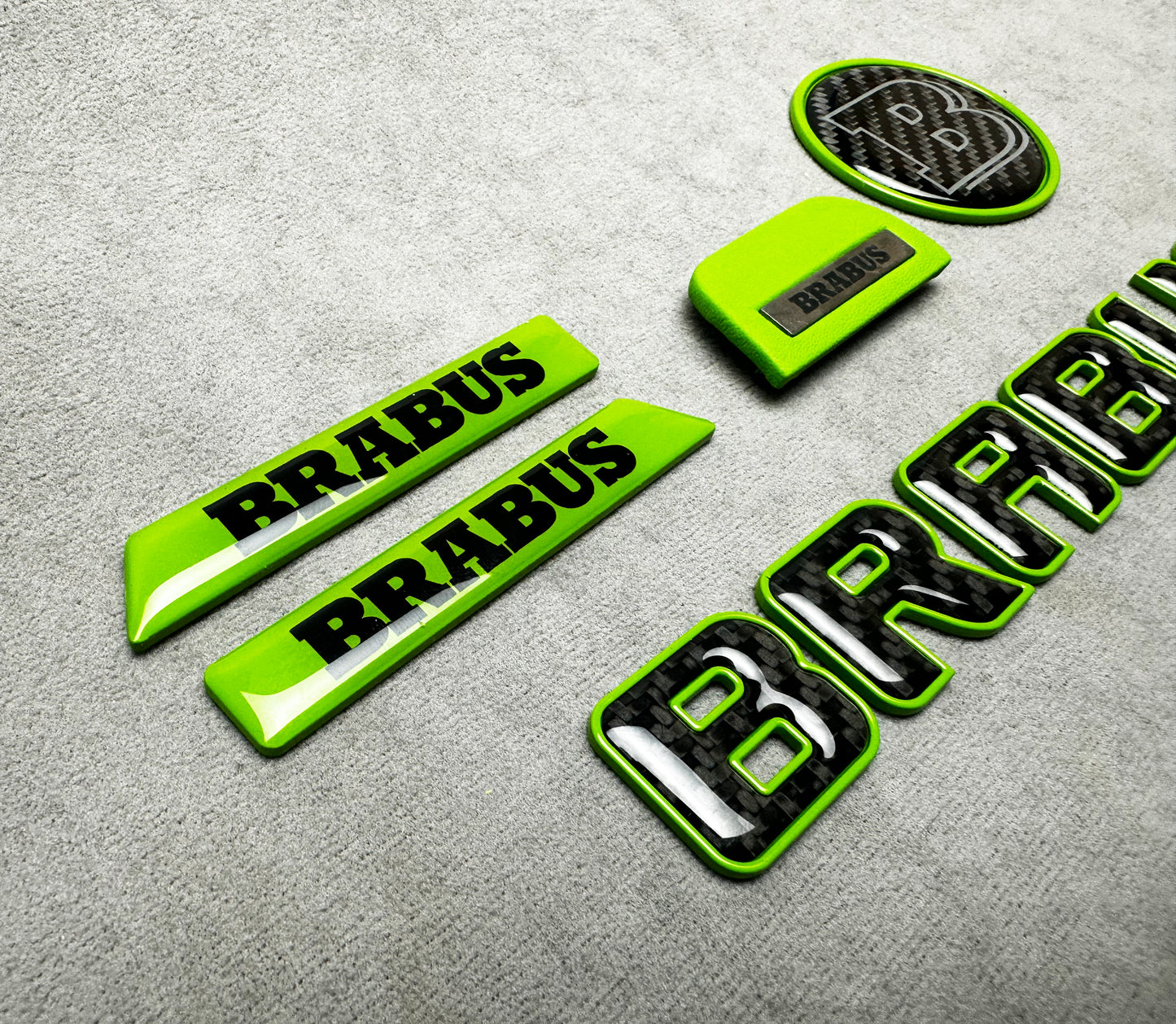 Brabus green emblem badge set with carbon fiber accents for Mercedes W463A, exterior, premium quality