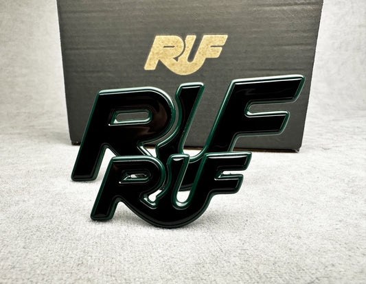 Close-up of mean green with black RUF badge for Porsche classic models