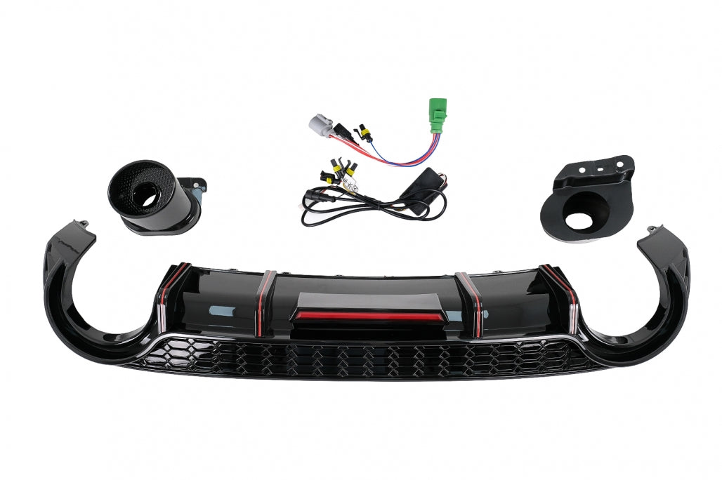 Rear Bumper Valance Diffuser compatible with Audi A3 8Y Hatchback S-Line and S3 2020-up, aggressive sport design with brake light integration.