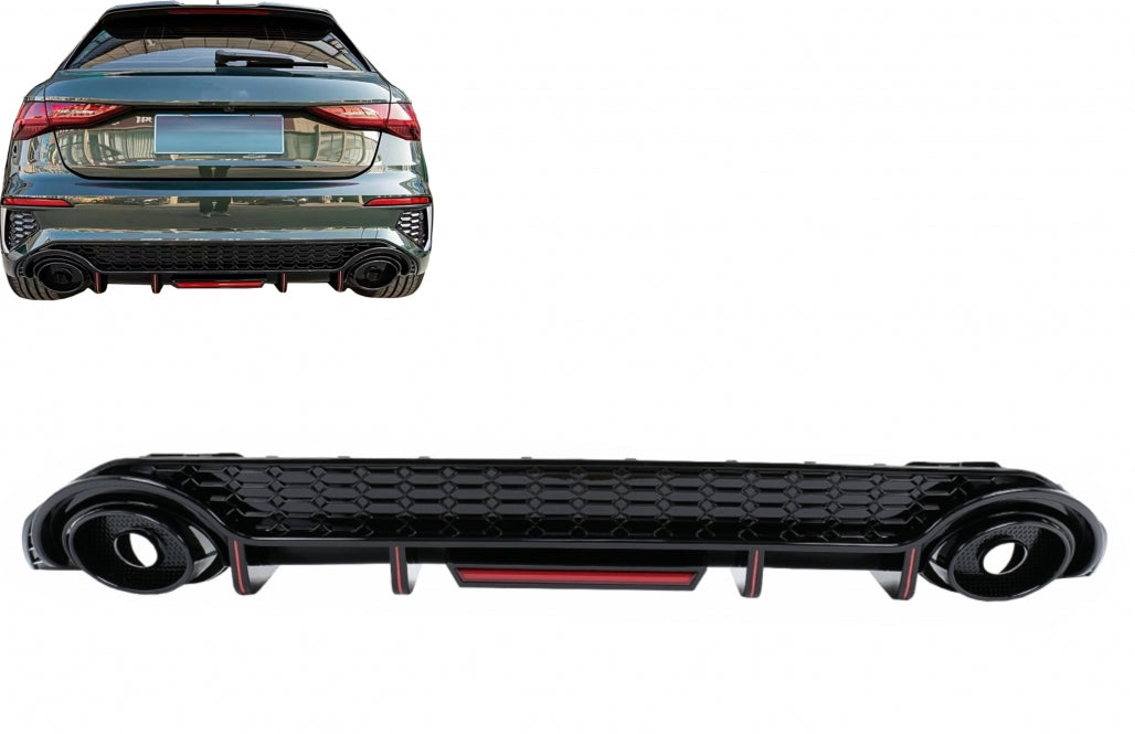 Rear Bumper Valance Diffuser compatible with Audi A3 8Y Hatchback S-Line and S3 2020-up, aggressive sport design with brake light integration.