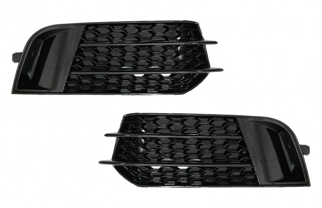 Side Grilles Fog Lamp Covers compatible with Audi A1 8X (2010–2015), RS1 Design in Piano Black, made of high-quality ABS plastic.