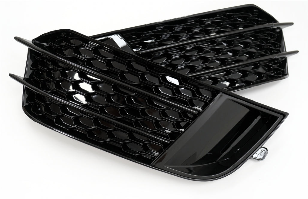 Side Grilles Fog Lamp Covers compatible with Audi A1 8X (2010–2015), RS1 Design in Piano Black, made of high-quality ABS plastic.