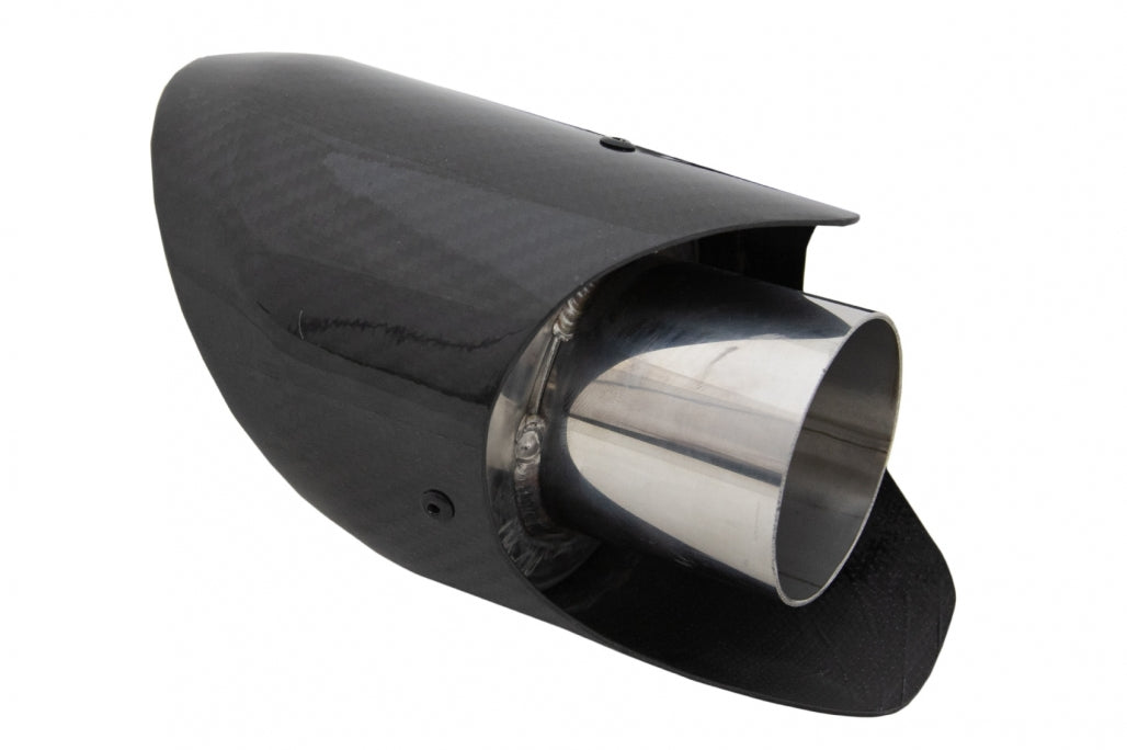 Universal carbon fiber exhaust muffler tip with polished finish and 6.2cm inlet, performance upgrade for any vehicle.
