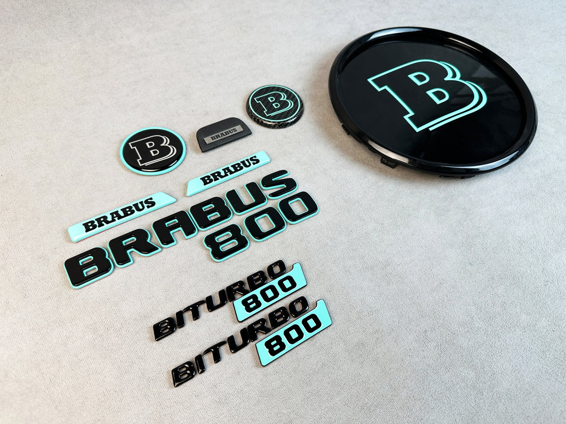 BRABUS 800 complete gloss black and Tiffany blue emblem set for Mercedes G Wagon W463A including rear, fender, hood, steering, and spare wheel badges