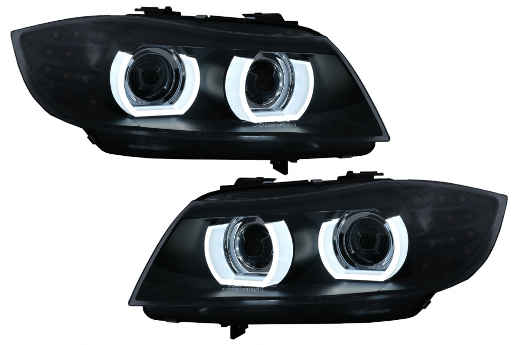 3D Angel Eyes LED DRL Xenon Headlights Black for BMW 3 Series E90 E91 LCI (2008–2011)