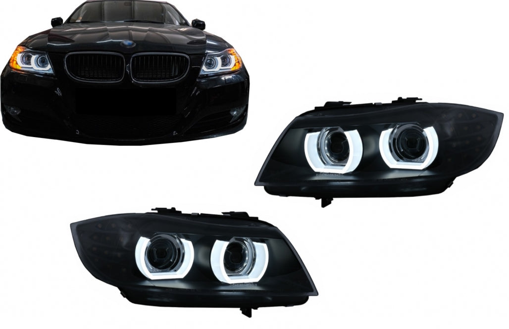 3D Angel Eyes LED DRL Xenon Headlights Black for BMW 3 Series E90 E91 LCI (2008–2011)