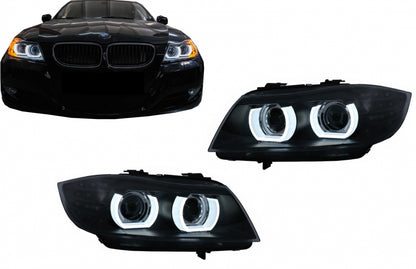 3D Angel Eyes LED DRL Xenon Headlights Black for BMW 3 Series E90 E91 LCI (2008–2011)