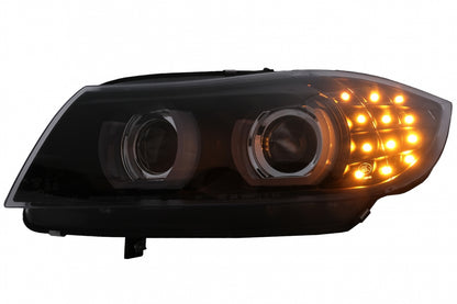3D Angel Eyes LED DRL Xenon Headlights Black for BMW 3 Series E90 E91 LCI (2008–2011)