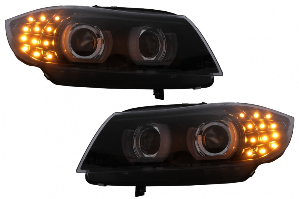 3D Angel Eyes LED DRL Xenon Headlights Black for BMW 3 Series E90 E91 LCI (2008–2011)