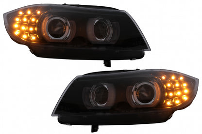 3D Angel Eyes LED DRL Xenon Headlights Black for BMW 3 Series E90 E91 LCI (2008–2011)