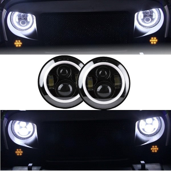 7 Inch CREE LED Headlights Amber Halo DRL for Jeep Wrangler JK TJ LJ, Land Rover Defender, Mercedes W463 Black