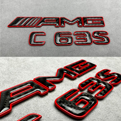 AMG C 63 S red metal with carbon emblem badge for Mercedes C-Class (W204, W205, W206), exterior styling upgrade
