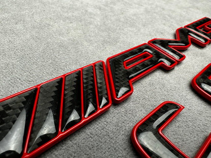 AMG C 63 S red metal with carbon emblem badge for Mercedes C-Class (W204, W205, W206), exterior styling upgrade