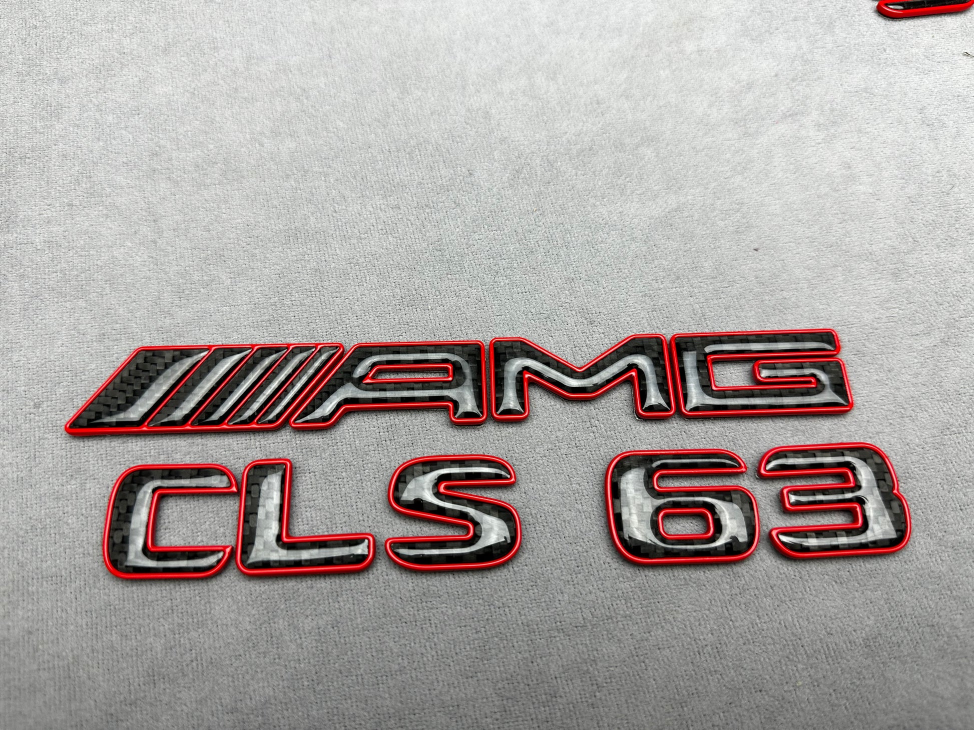 AMG CLS 63 red metal with carbon emblem badge for Mercedes, for rear trunk upgrade