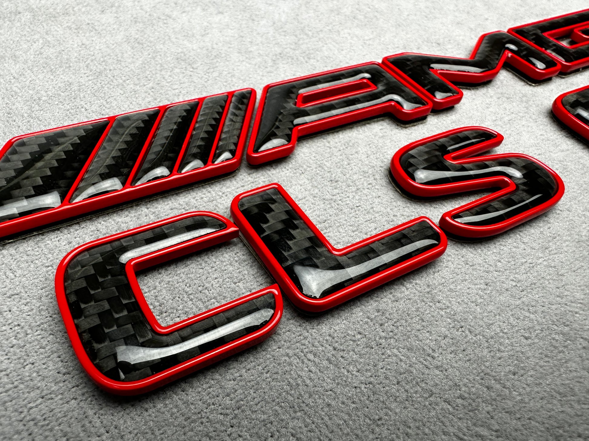 AMG CLS 63 red metal with carbon emblem badge for Mercedes, for rear trunk upgrade