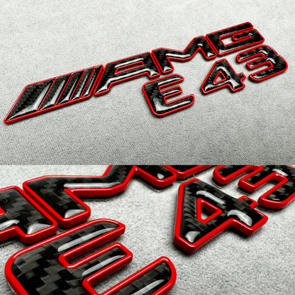 AMG E 43 red metal with carbon emblem badge for Mercedes E-Class trunk, premium quality, easy installation