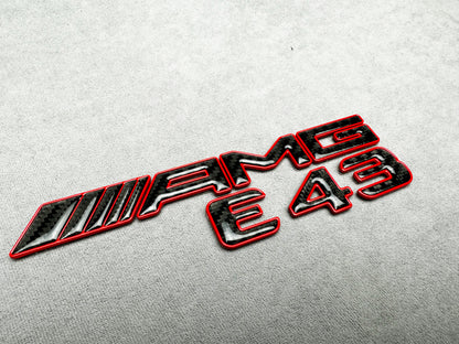 AMG E 43 red metal with carbon emblem badge for Mercedes E-Class trunk, premium quality, easy installation