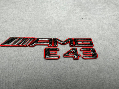 AMG E 43 red metal with carbon emblem badge for Mercedes E-Class trunk, premium quality, easy installation