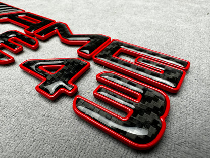 AMG E 43 red metal with carbon emblem badge for Mercedes E-Class trunk, premium quality, easy installation