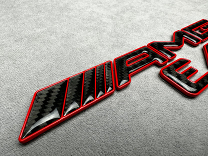 AMG E 43 red metal with carbon emblem badge for Mercedes E-Class trunk, premium quality, easy installation