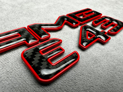 AMG E 43 red metal with carbon emblem badge for Mercedes E-Class trunk, premium quality, easy installation