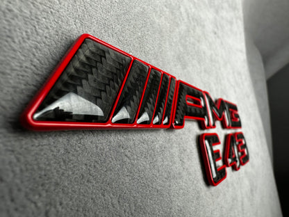 AMG E 43 red metal with carbon emblem badge for Mercedes E-Class trunk, premium quality, easy installation