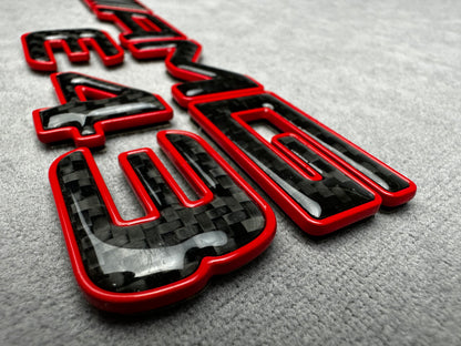 AMG E 43 red metal with carbon emblem badge for Mercedes E-Class trunk, premium quality, easy installation