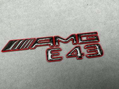 AMG E 43 red metal with carbon emblem badge for Mercedes E-Class trunk, premium quality, easy installation