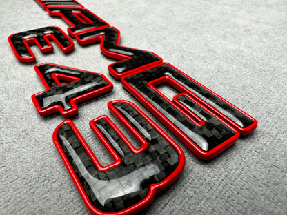 AMG E 43 red metal with carbon emblem badge for Mercedes E-Class trunk, premium quality, easy installation