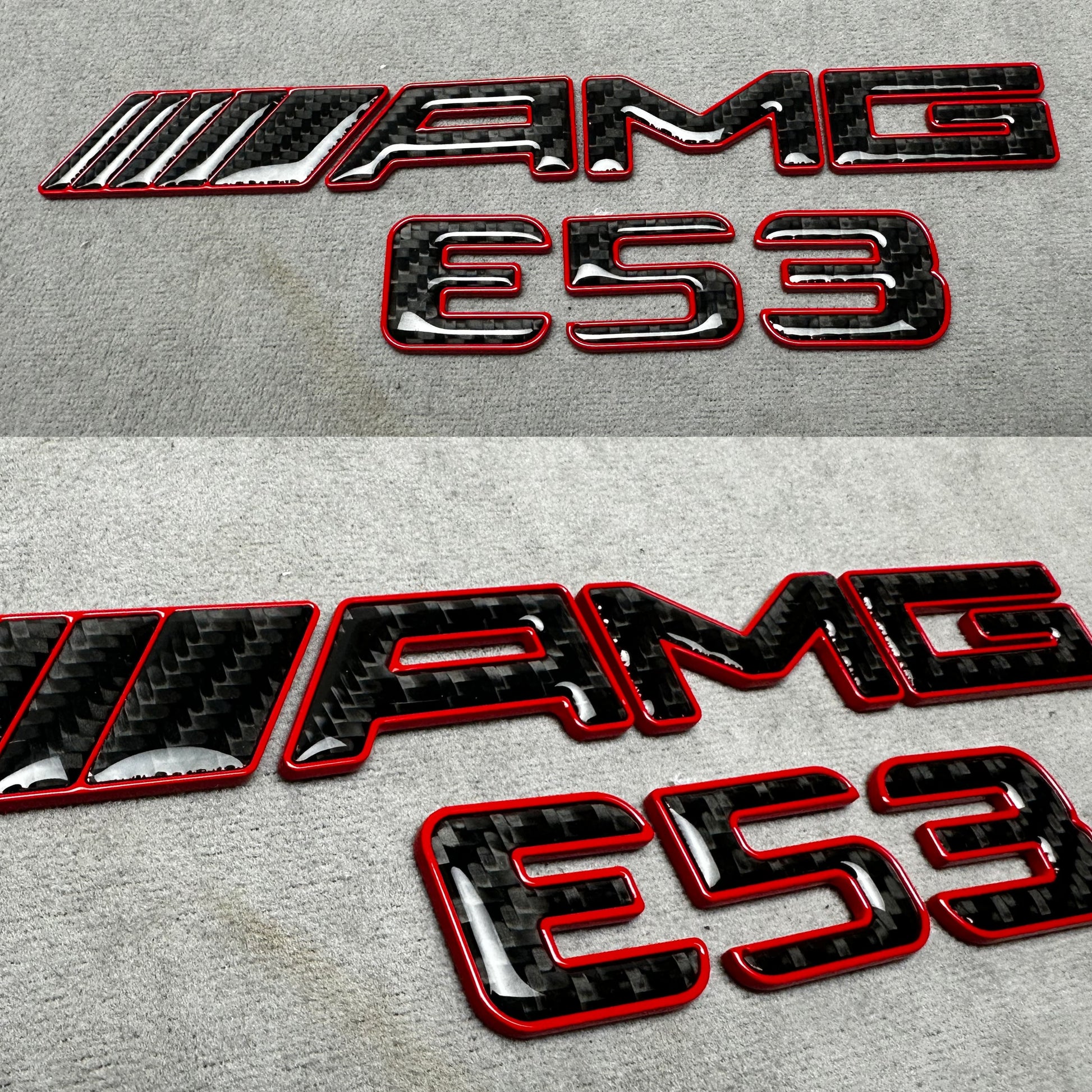 AMG E 53 red metal with carbon emblem badge for Mercedes E-Class trunk, premium quality, easy installation