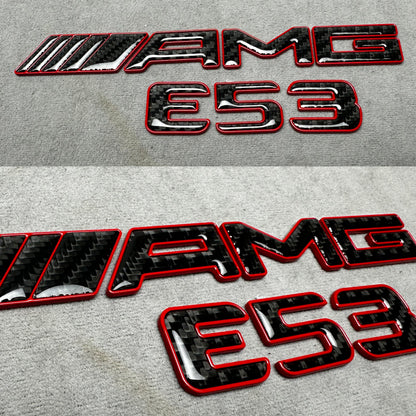 AMG E 53 red metal with carbon emblem badge for Mercedes E-Class trunk, premium quality, easy installation