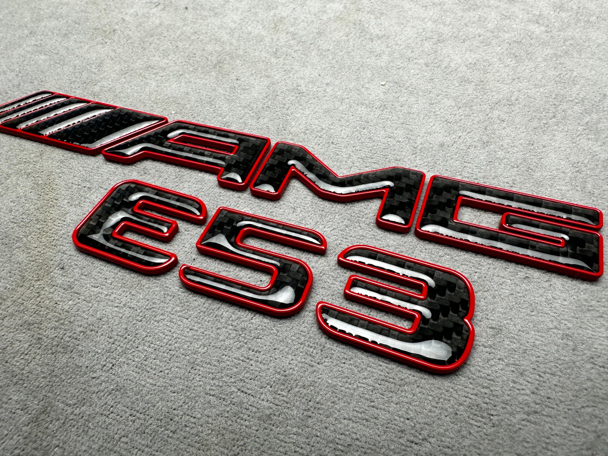 AMG E 53 red metal with carbon emblem badge for Mercedes E-Class trunk, premium quality, easy installation