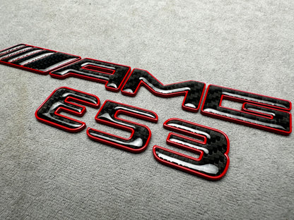 AMG E 53 red metal with carbon emblem badge for Mercedes E-Class trunk, premium quality, easy installation