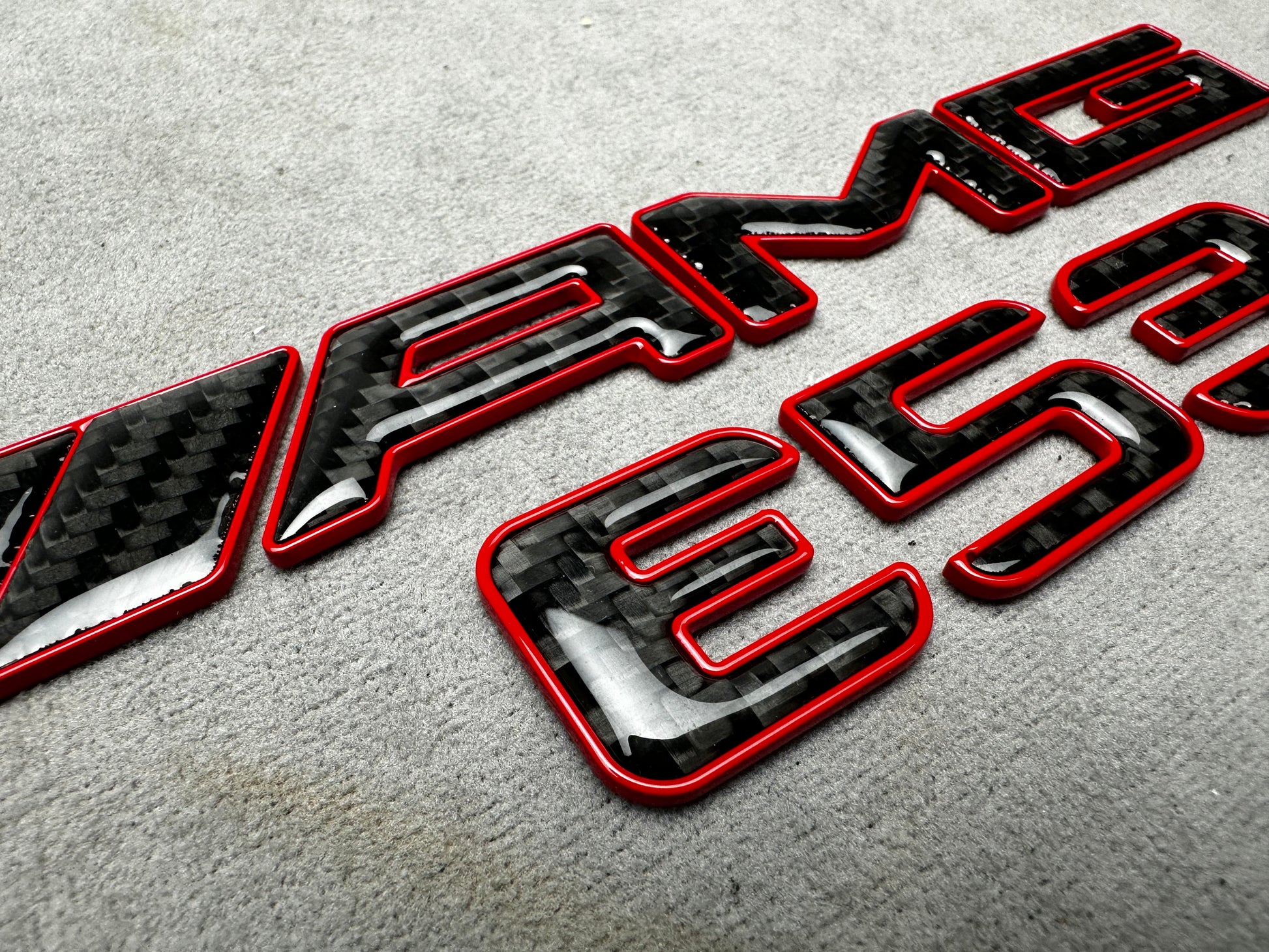 AMG E 53 red metal with carbon emblem badge for Mercedes E-Class trunk, premium quality, easy installation