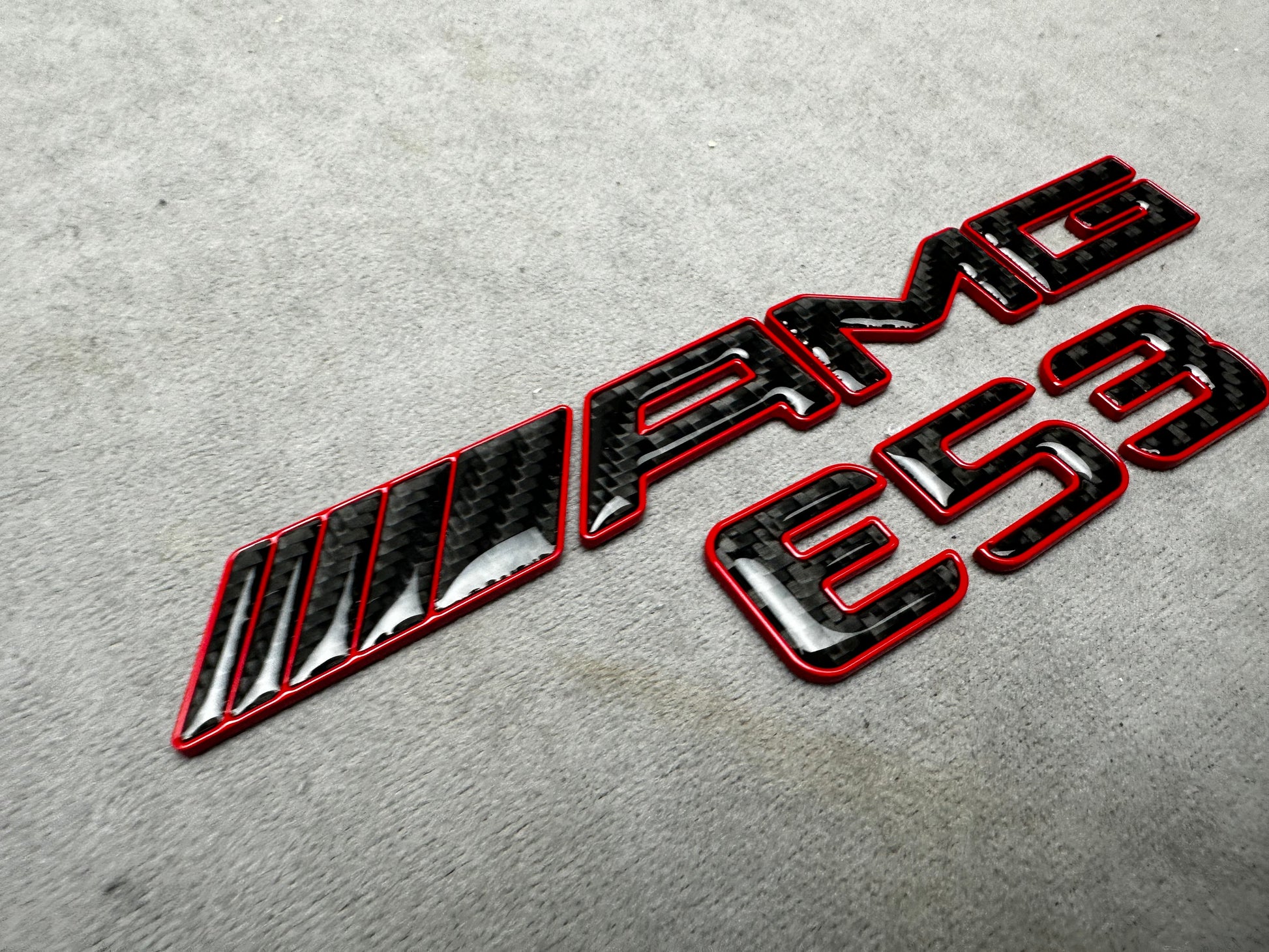 AMG E 53 red metal with carbon emblem badge for Mercedes E-Class trunk, premium quality, easy installation
